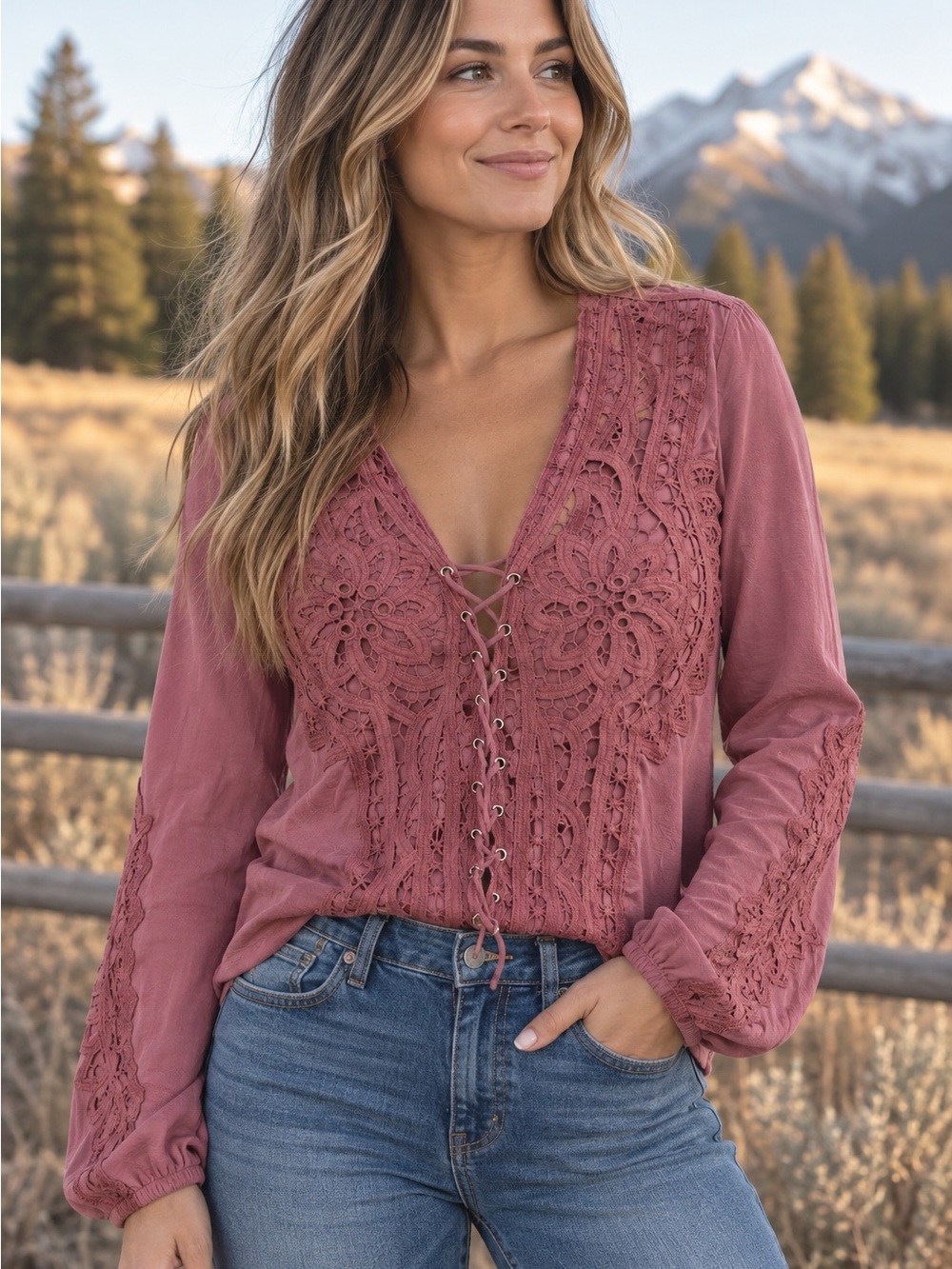 gimmicks by BKE Lace-Up Crochet V-Neck Blouse in Dusty Rose